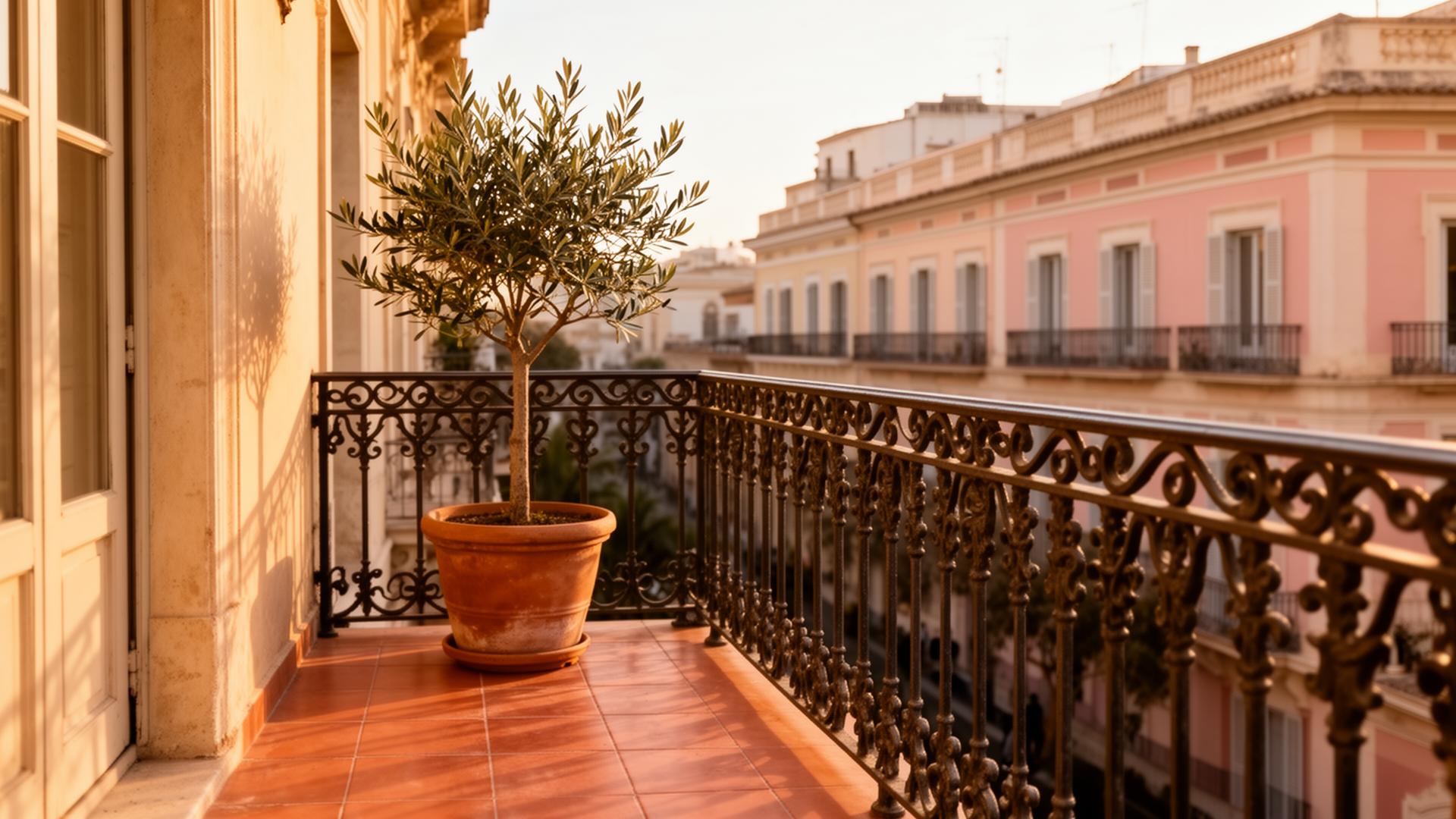 Sunlit Valencia balcony with terracotta tiles and an olive tree